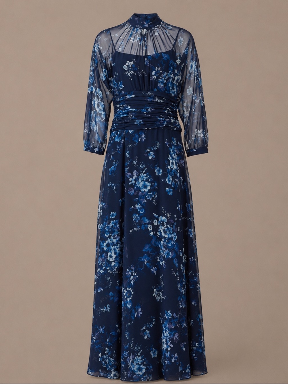 Teri Jon Navy Blue Floral Sheer Maxi Dress